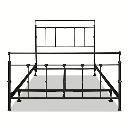 Victorian-Revival Black Steel Queen Bed with Spindle Panels & Support Frame