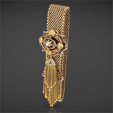 Victorian 14K Gold Mesh Slide Bracelet w/ Enamel, Pearl & Tassel, c.1880s