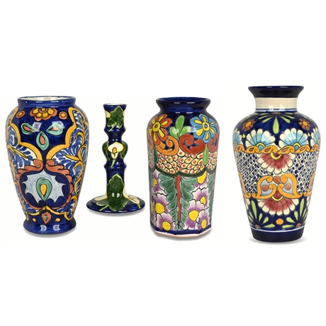 Hand-Painted Talavera Vases & Candle Stick Set