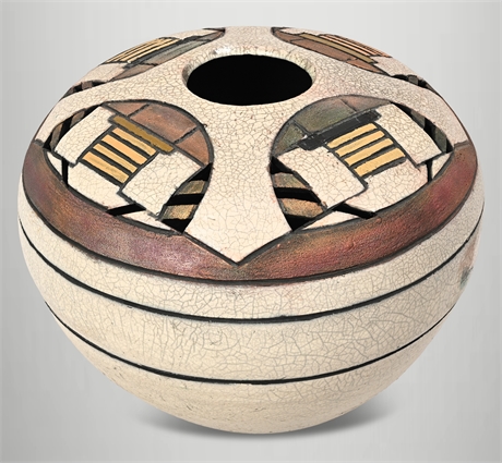 Raku Studio Ceramic Vessel — Pueblo Geometric Cutwork, Crackle Glaze