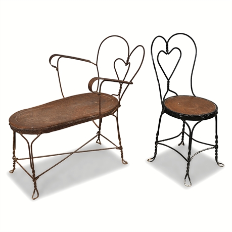 Ice Cream Parlor Chair & Chaise — Antique Wrought Iron, Heart-Back Design