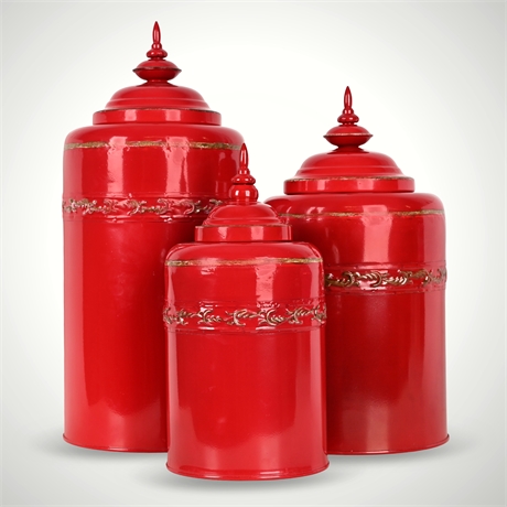 Elegant Cardinal Red Metal Canisters – Decorative Gold Trim Set, 18", 15", 12"