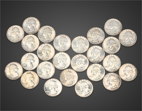 25 Washington Silver Quarters – 1963 & 1964, Brilliant Uncirculated