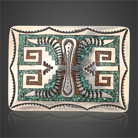 Frank Bowman Navajo Sterling Silver Turquoise & Coral Inlay Buckle w/ Belt