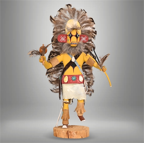 Yellow Ahote Kachina by L. Begay – Navajo Hand Carved Wood, Leather, Feathers