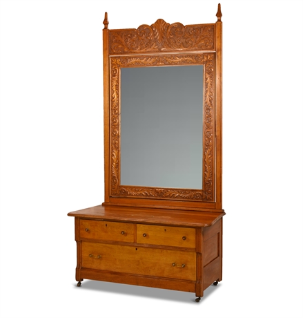 Exquisitely Carved Oak Chest with Pier Mirror