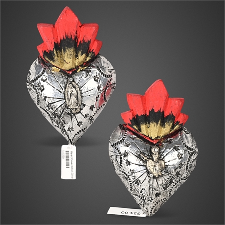 Pair of Mexican Folk Art Sacred Heart Wall Hangings – Carved Wood & Pressed Tin