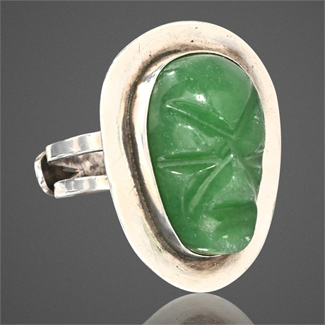 Vintage Taxco Mexican Silver Ring w/ Carved Green Face – 925