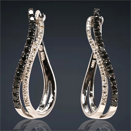 14K Crossover Black and White Diamond Hoop Earrings