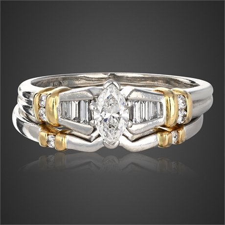 Platinum Diamond Wedding Set 0.75ctw Marquise, 18K Gold Accents