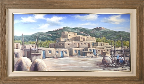 Tico Mascareñas Oil Painting — Taos Pueblo, Signed, Framed, with Documentation