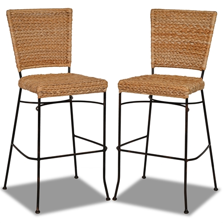 Contemporary Iron & Seagrass Bar Height Stools