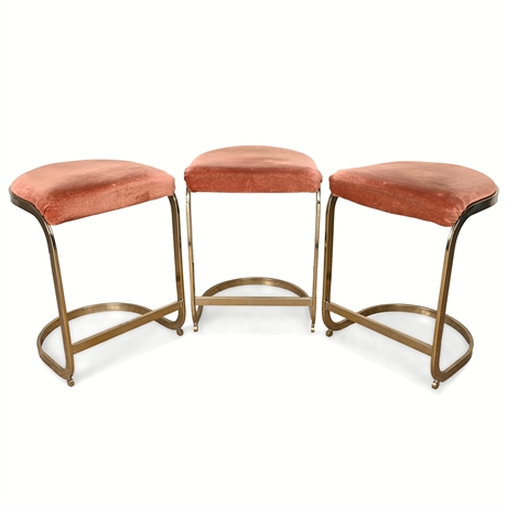 Set of 3 Cal-Style Cantilevered Brass Stools — 1980s, Original Velvet Upholstery