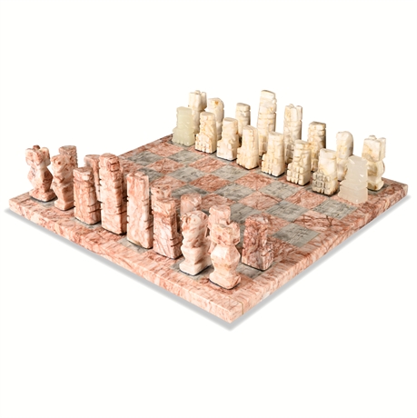 Mexican Hand-Carved Stone Chess Set with Inlaid Board, 14"