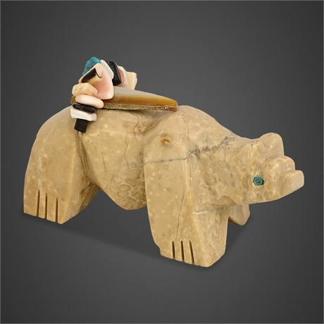 Zuni Carved Serpentine Bear Fetish with Turquoise Eyes & Offering Bundle