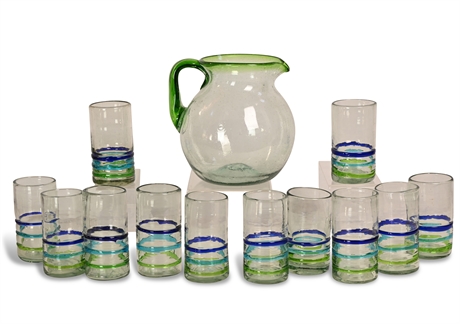 (12) Hand Blown Tumblers and Pitcher