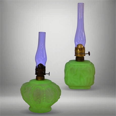 Pair Antique Uranium Glass Oil Lamps
