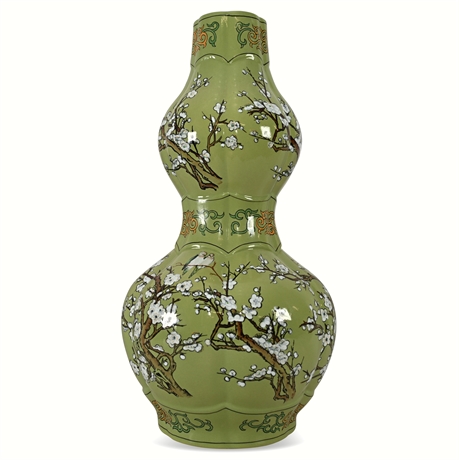 23” Chinese Ceramic Double Gourd Vase — Plum Blossoms & Birds
