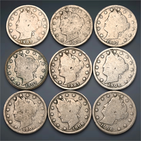(9) 1906 & 1907 Liberty Head V Nickels