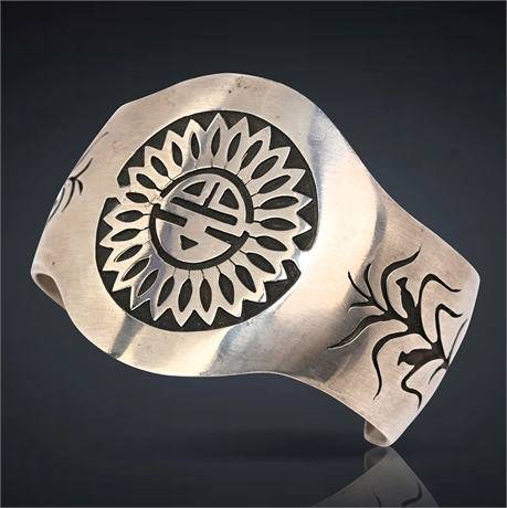 Navajo/Hopi-Inspired Silver Overlay Cuff Bracelet with Sunface and Cornstalks