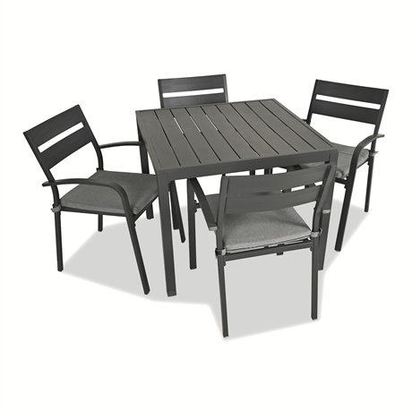 Aluminum 5-Piece Patio Dining Set — Slat-Top Table & 4 Stacking Armchairs with