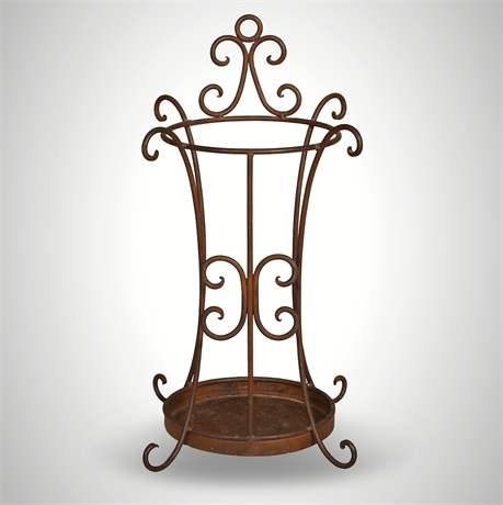 Iron Scroll Umbrella Stand — Rust Patina, Drip Tray Base