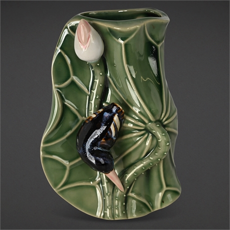 Vintage Majolica Wall Pocket Vase — Kingfisher on Lotus Leaf