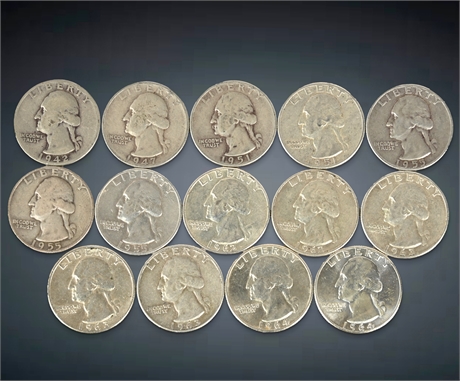 14 Washington Silver Quarters - Mixed Dates & Mint Marks (1942–1964)