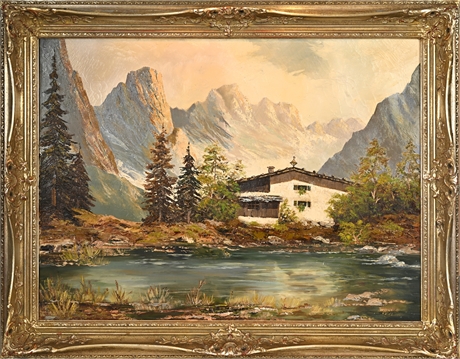 Vintage Alpine Landscape Oil Painting