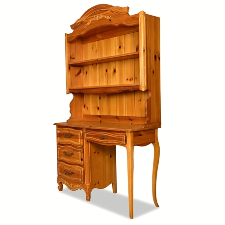 Henry Link Chardonnay Knotty Pine Desk & Hutch — French Country, Lighted, 1980s