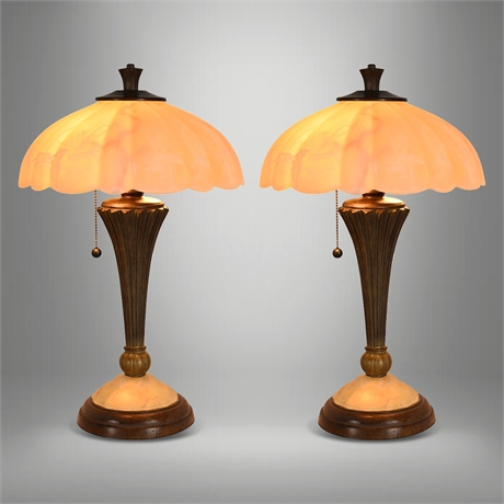 Pair Deco Style Dual Light Table Lamps Marbled Glass 21"
