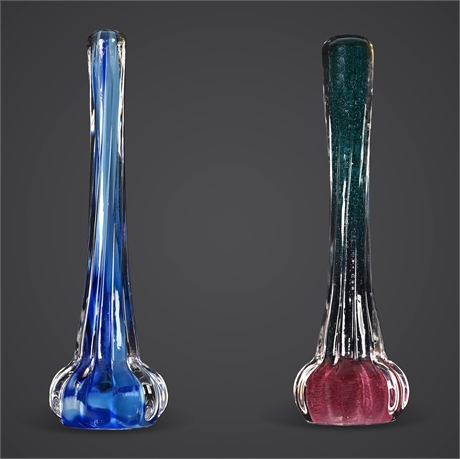 Pair of Signed Lukian Canadian Art Glass Bud Vases — Blue & Cranberry