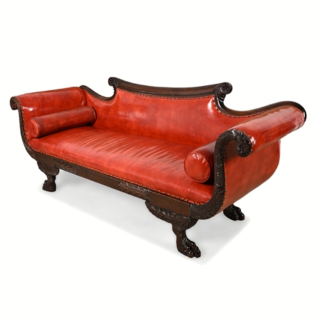 Empire Revival Mahogany Sofa – Bold Carving, Red Leather, c.1900