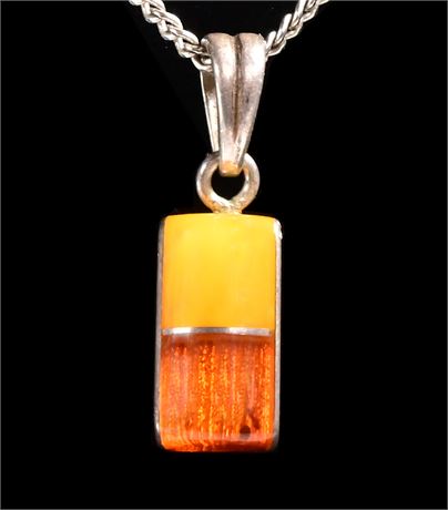 Vintage Sterling Silver Baltic Honey and Amber Bar Pendant