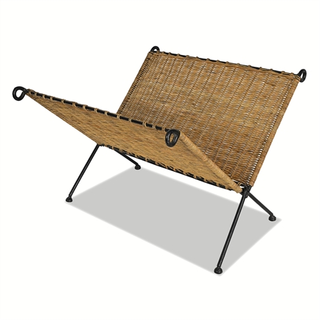 Mid-Century Wrought Iron & Woven Rattan Magazine Rack, Sculptural V-Form