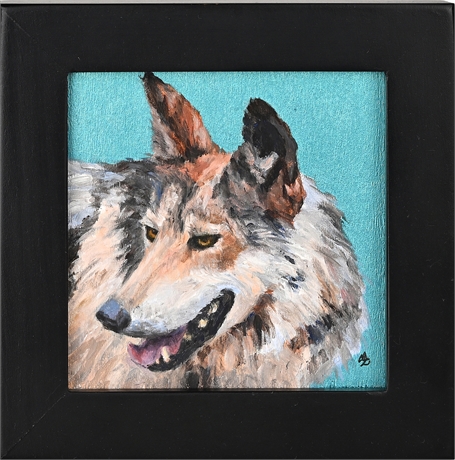 Mary Zawacki Oil Painting — Collie Portrait on Wood Block, Framed