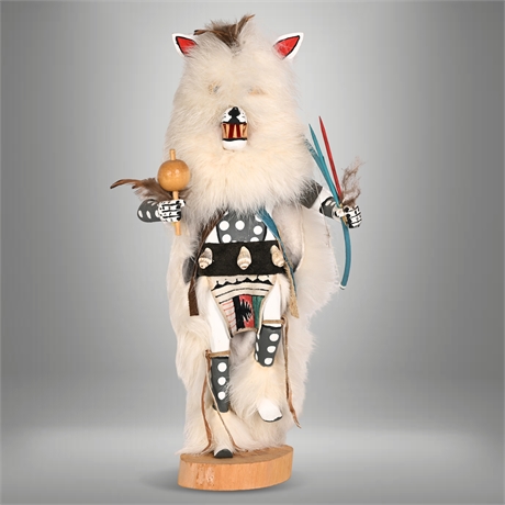White Wolf Kachina by L. Begay – Navajo Hand Carved Wood, Leather, Fur & Shells