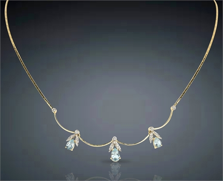 14K Yellow Gold Necklace with Aquamarine and Diamond Accents