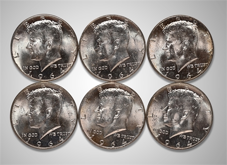 1964 (6) Kennedy Silver Half Dollars