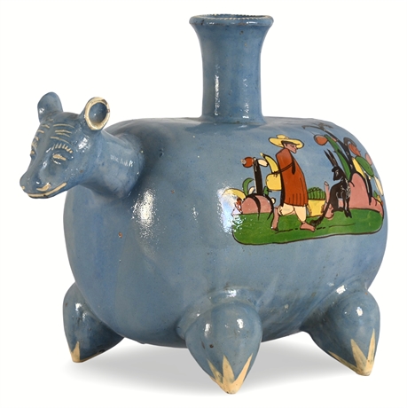 Vintage Tlaquepaque Blue Ceramic Bull Jug – Iridescent Glaze, Hand-Painted Folk