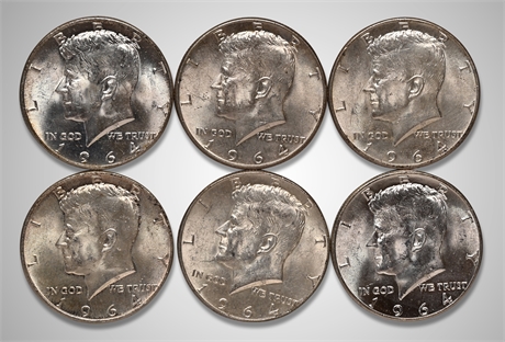 1964 (6) Kennedy Silver Half Dollars