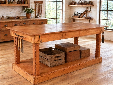 Solid Pine Workbench Table — Bobbin Legs, 2-Tier, Iron Hardware​​​​​​​