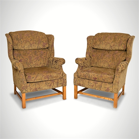 Pair Drexel Style Wingback Armchairs Tapestry Upholstery