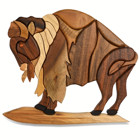 Ron Jordan Intarsia Buffalo Sculpture in Oregon Myrtlewood & Black Walnut