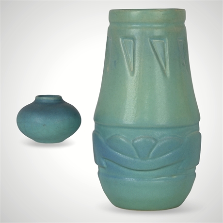 Van Briggle Art Pottery Vase Pair – Turquoise Blue, Signed, Arts & Crafts Era