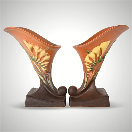 Pair of Roseville Freesia Cornucopia Vases #197-6 – 1945, 6"