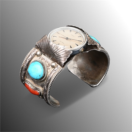 Vintage Gents Sterling Turquoise & Coral Watch Cuff