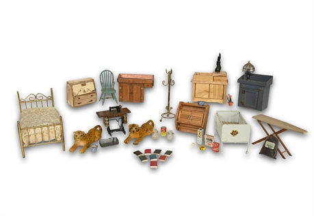 Vintage 20+ Piece Miniature Dollhouse Furniture & Accessories Set