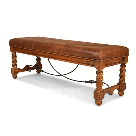 Barley Twist Leather Bench — Wrought Iron Stretcher