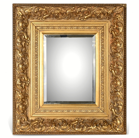 Ornate Giltwood Mirror — Beveled Glass, Metal French Cleat, 25"x29"